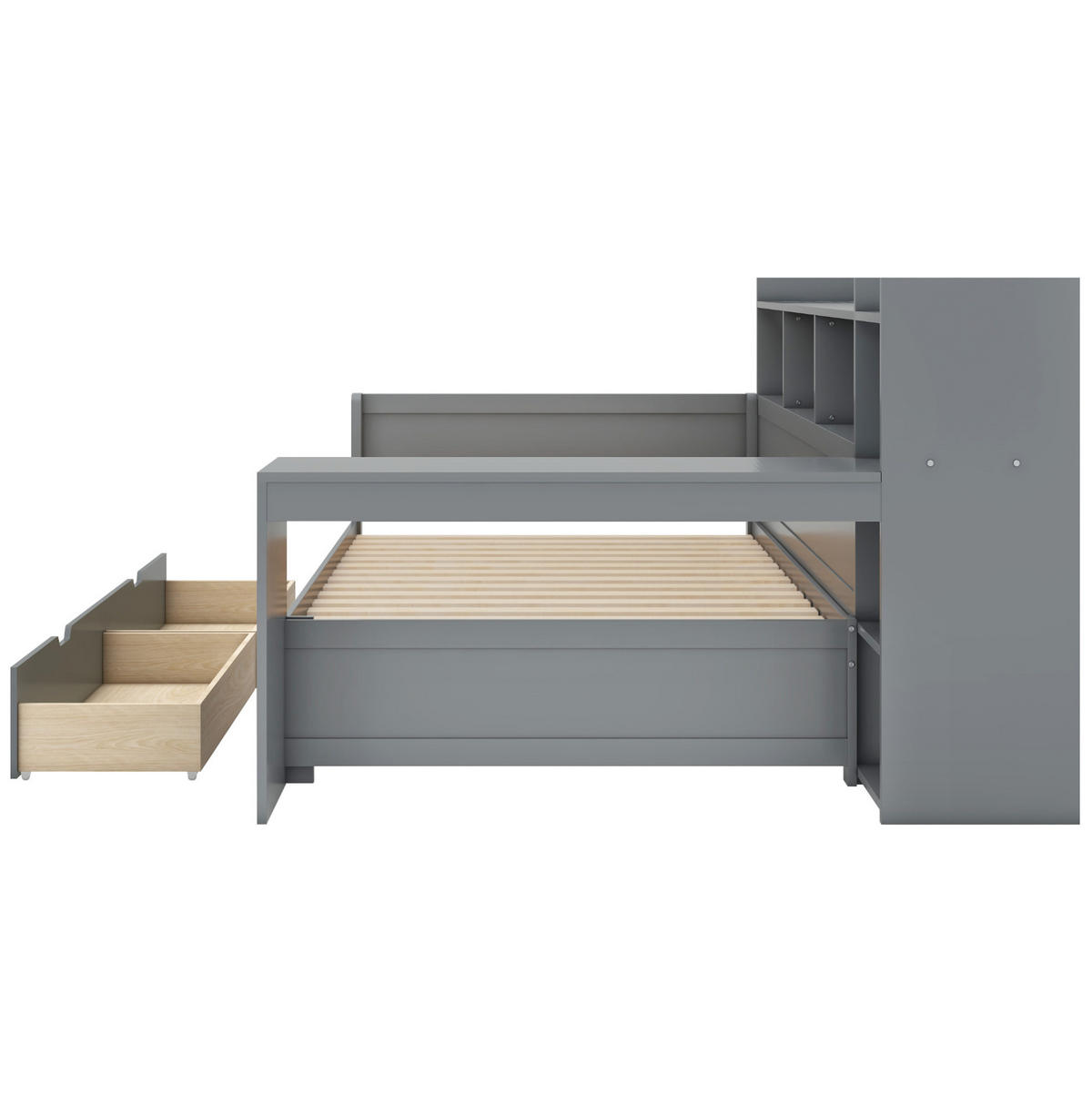 BETT 90/200 cm Grau mit Schreibtisch, 2 Schubladen und USB-Anschluss - Grau, Holzwerkstoff (90/200cm) - Flora Grace