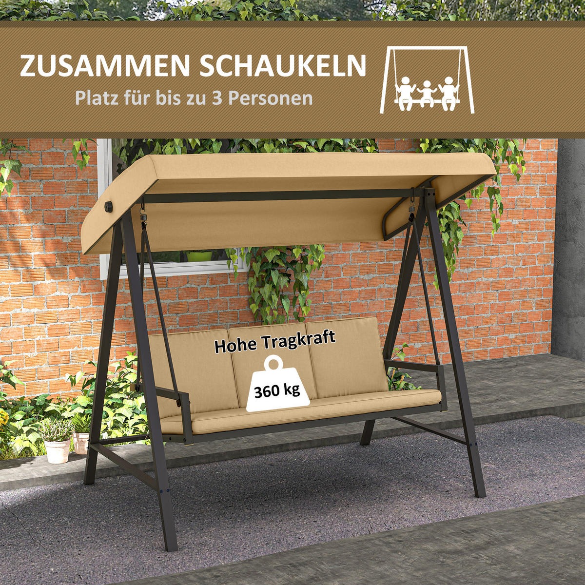HOLLYWOODSCHAUKEL Beige Braun 200/125/175 cm - Beige, Textil (200/175/125cm) - PANGIVO