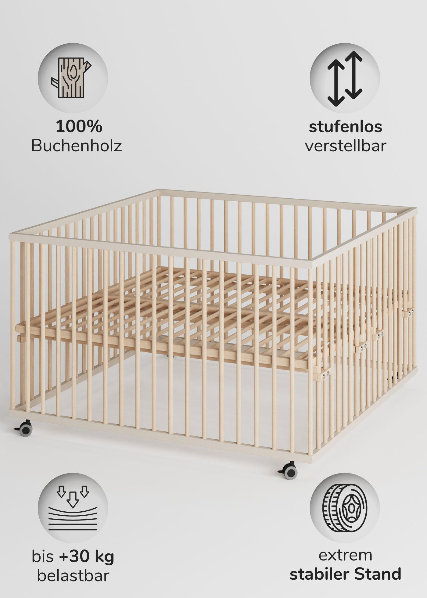 LAUFGITTER XXL 120x120 cm mit Matratze Cloud Air & Lattenrost - sahara dust/natur - Premium Kollektion - Sandfarben/Naturfarben, Holz (120/74/120cm) - Sämann – make a difference.