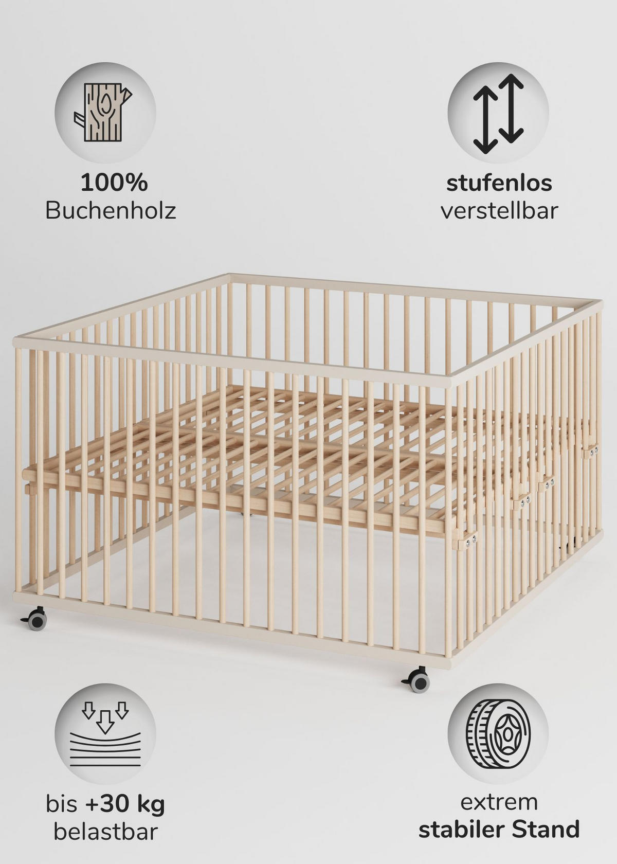 LAUFGITTER XXL 120x120 cm mit Matratze, Lattenrost & Schlupfsprossen - sahara dust/natur - Premium Kollektion - Sandfarben/Naturfarben, Holz (120/74/120cm) - Sämann – make a difference.