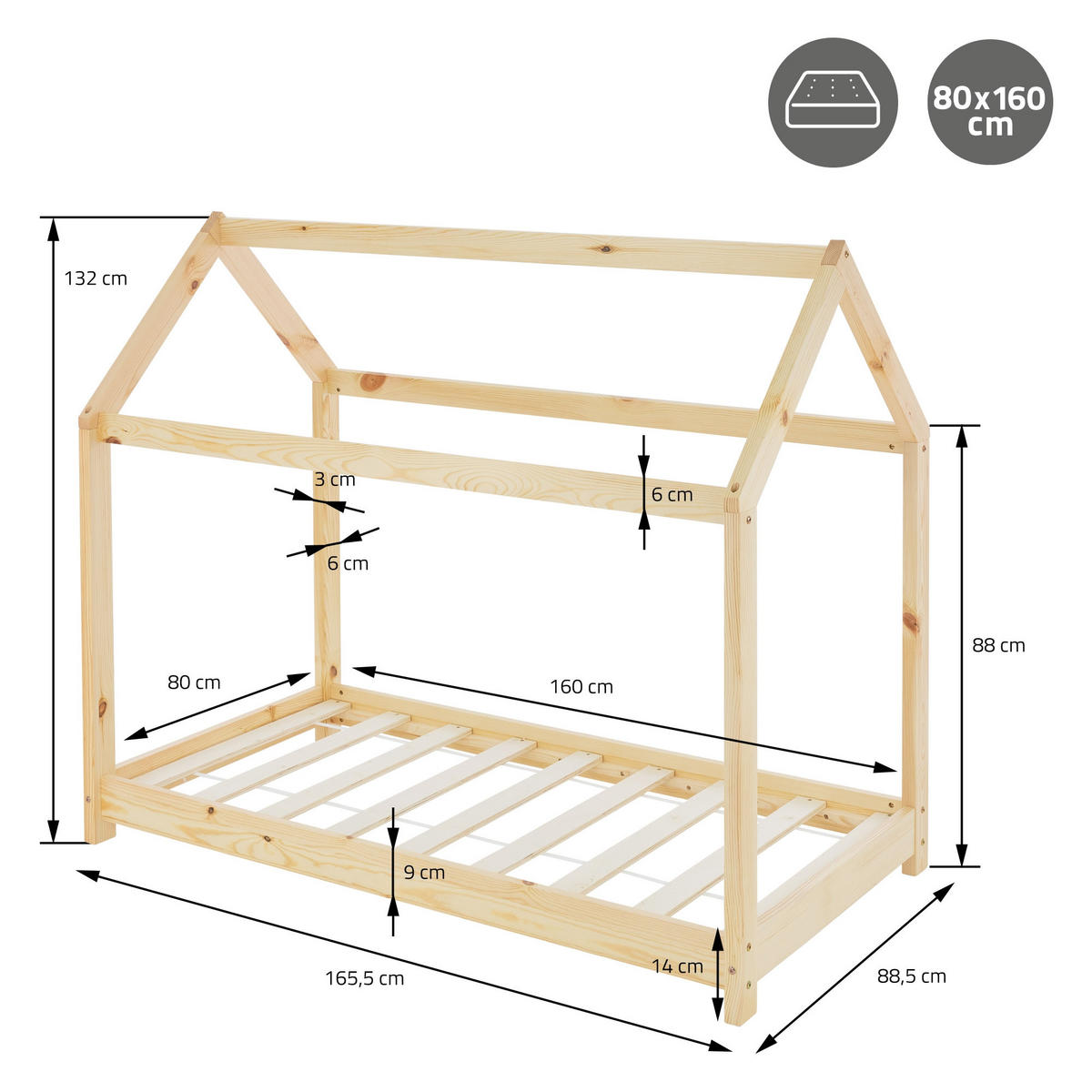 KINDERBETT mit Dach und Matratze 80x160 cm Natur - Naturfarben, Holz (80/160cm) - ML-DESIGN