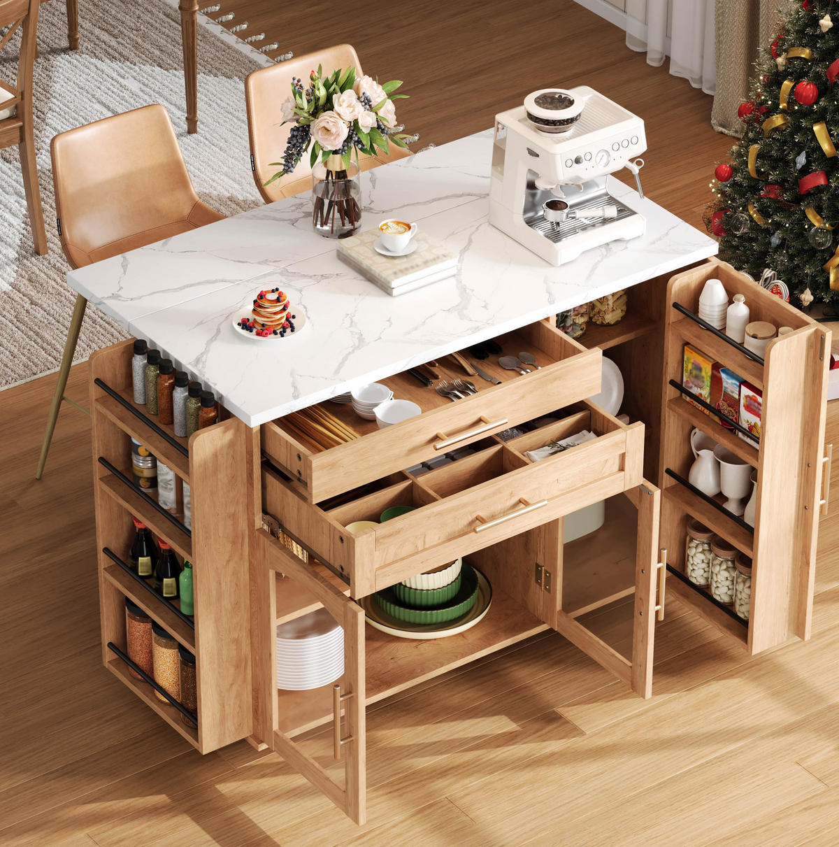 KÜCHENINSEL mit Klappplatte auf Rollen 138 x 70 x 90 cm Natural - Naturfarben, Holz (70/90/138cm) - Beauniv