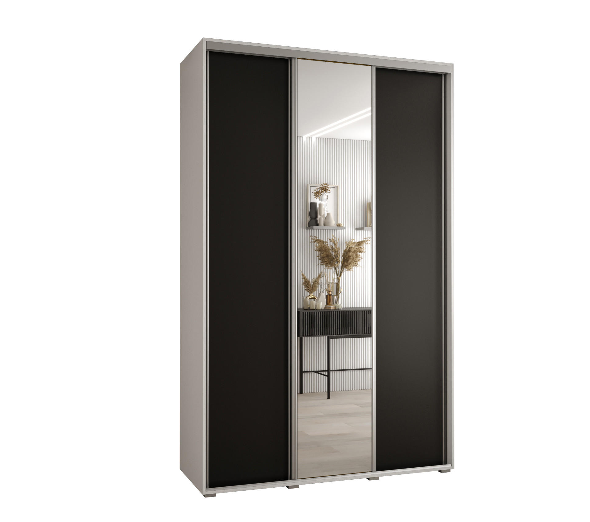 Abiks Möbel Schwebetürenschrank Weiß, Schwarz, Silber 150x235x45 cm