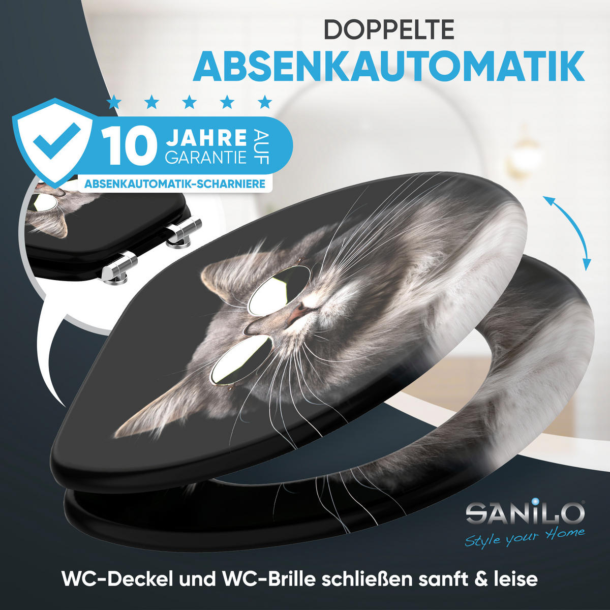 WC-SITZ mit Absenkautomatik Cool Cat - Schwarz, Holzwerkstoff (38/6/47cm) - Sanilo