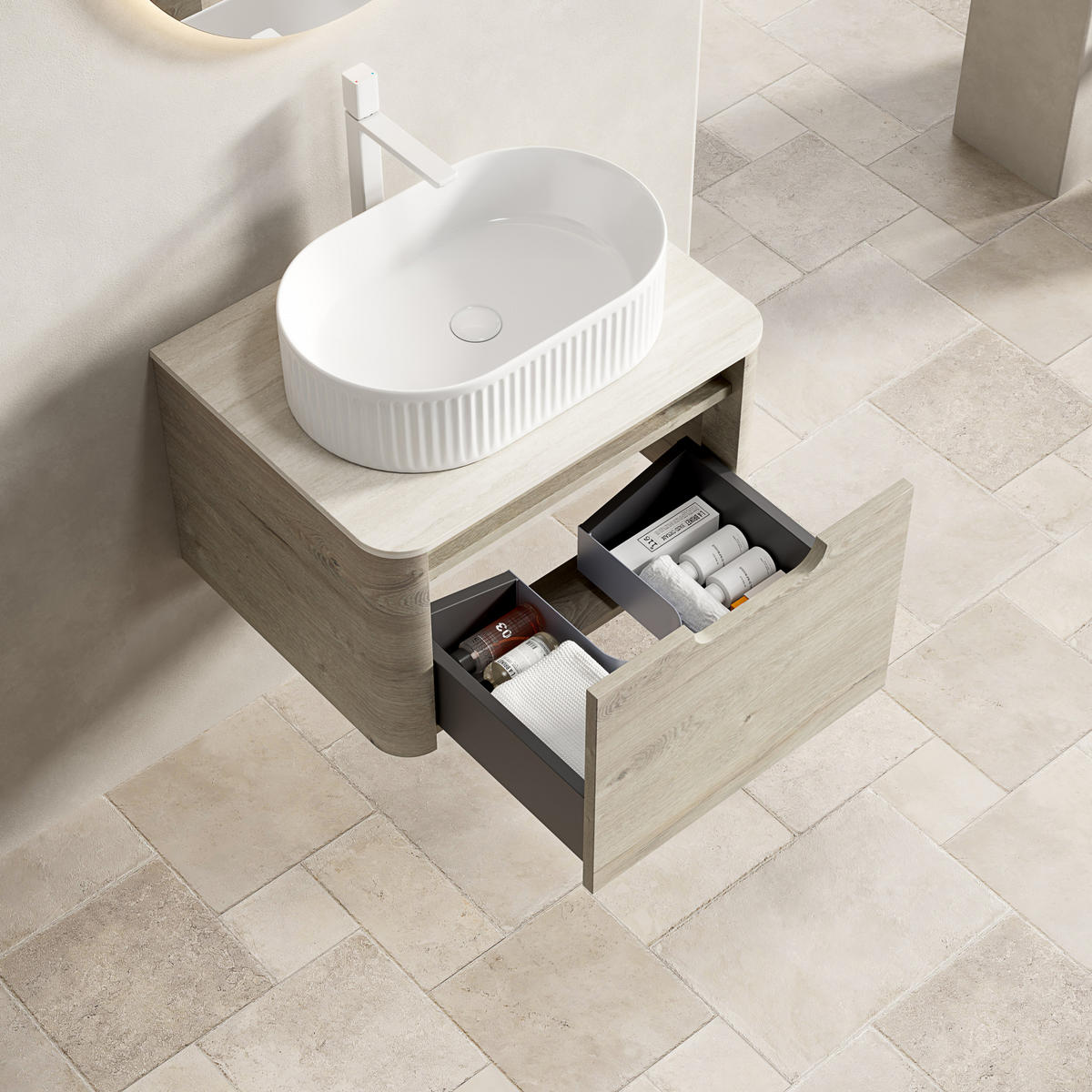 WASCHTISCHKOMBI 60 cm mit Aufsatzbecken und Soft-Close-Schublade in Eiche - Creme, Keramik (60/50.2/46cm) - BEAOK