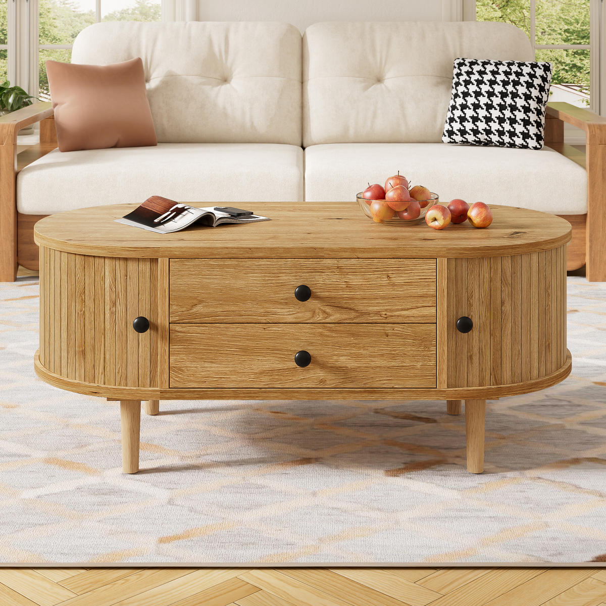COUCHTISCH Oval Leisten Schiebetüren 2 Schubladen MDF - Eichefarben, Holzwerkstoff (100/50/40cm) - FLIEKS