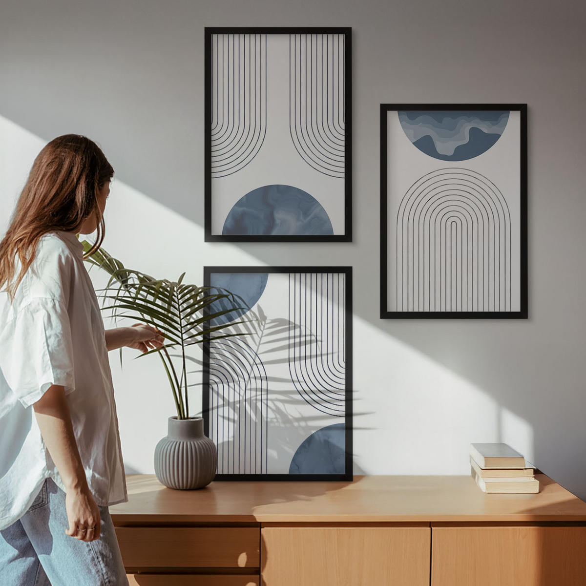BILDER SET 3er Set - 40x60 cm Schwarzer Rahmen - Abstrakte blaue Muster - Schwarz, Kunststoff (40/60cm) - TULUP