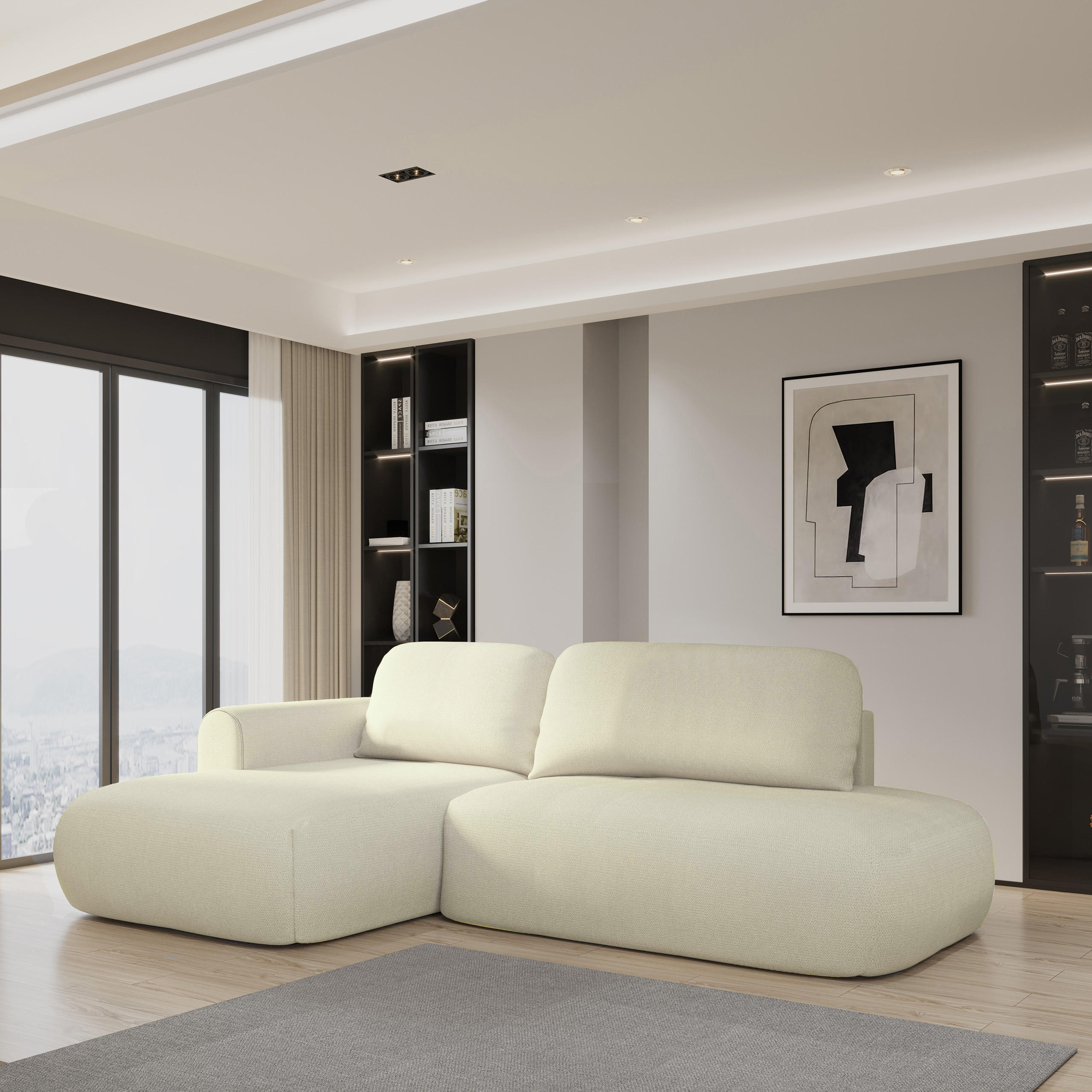 ECKSOFA NUVIRA L-S Creme Geflochtener Stoff mit Schlaffunktion - Creme, Holz (274/165cm) - MASSENO