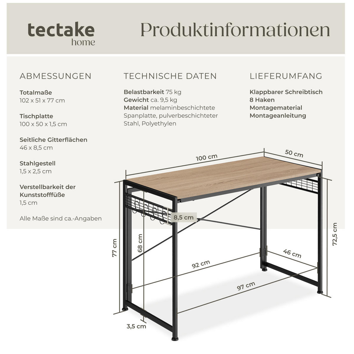 SCHREIBTISCH Paterson,102 x 51 x 77 cm,Industrial Holz hell, Eiche Sonoma - Naturfarben, Holzwerkstoff (102/51/77cm) - tectake