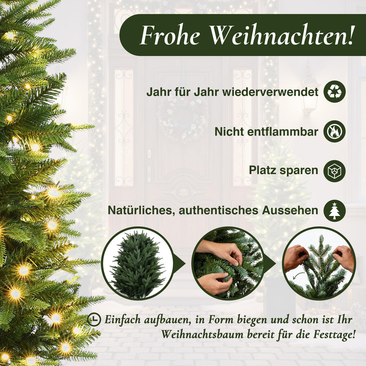 KÜNSTLICHER Weihnachtsbaum 124 cm mit Beleuchtung und 150 LEDs - Grün, Kunststoff (124cm) - Hometopia