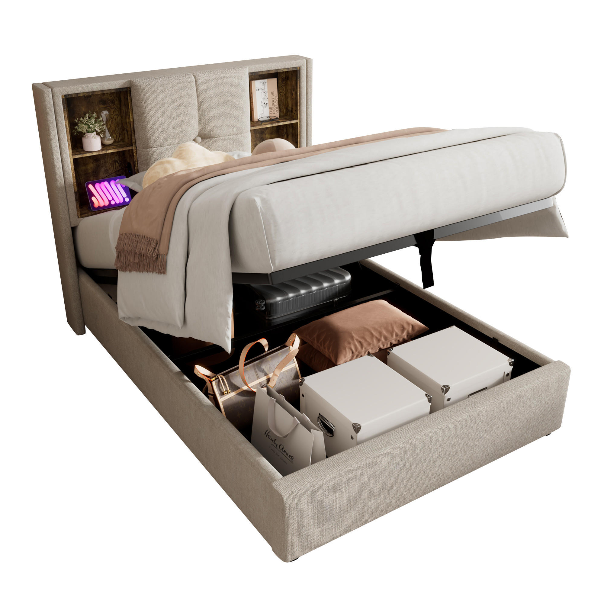 EINZELBETT 90/200 cm mit Kabellosem Laden und Stauraum - Naturfarben, Textil (90/200cm) - OKWISH