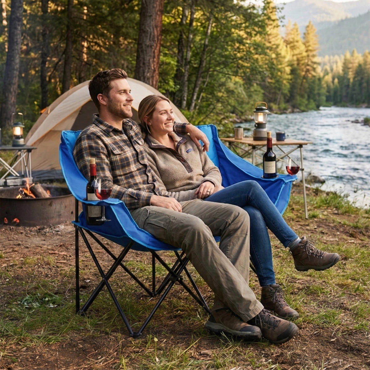 CAMPINGBANK Blau klappbar 2-Sitzer - Blau, Kunststoff/Textil (139/95/53cm) - Relaxdays