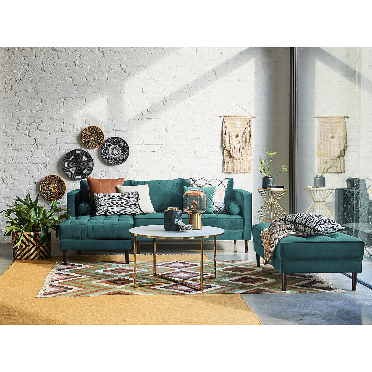 ECKSOFA - Samt - Dunkelbraun/Petrol, Birkenholz/Textil (201/155cm) - home24