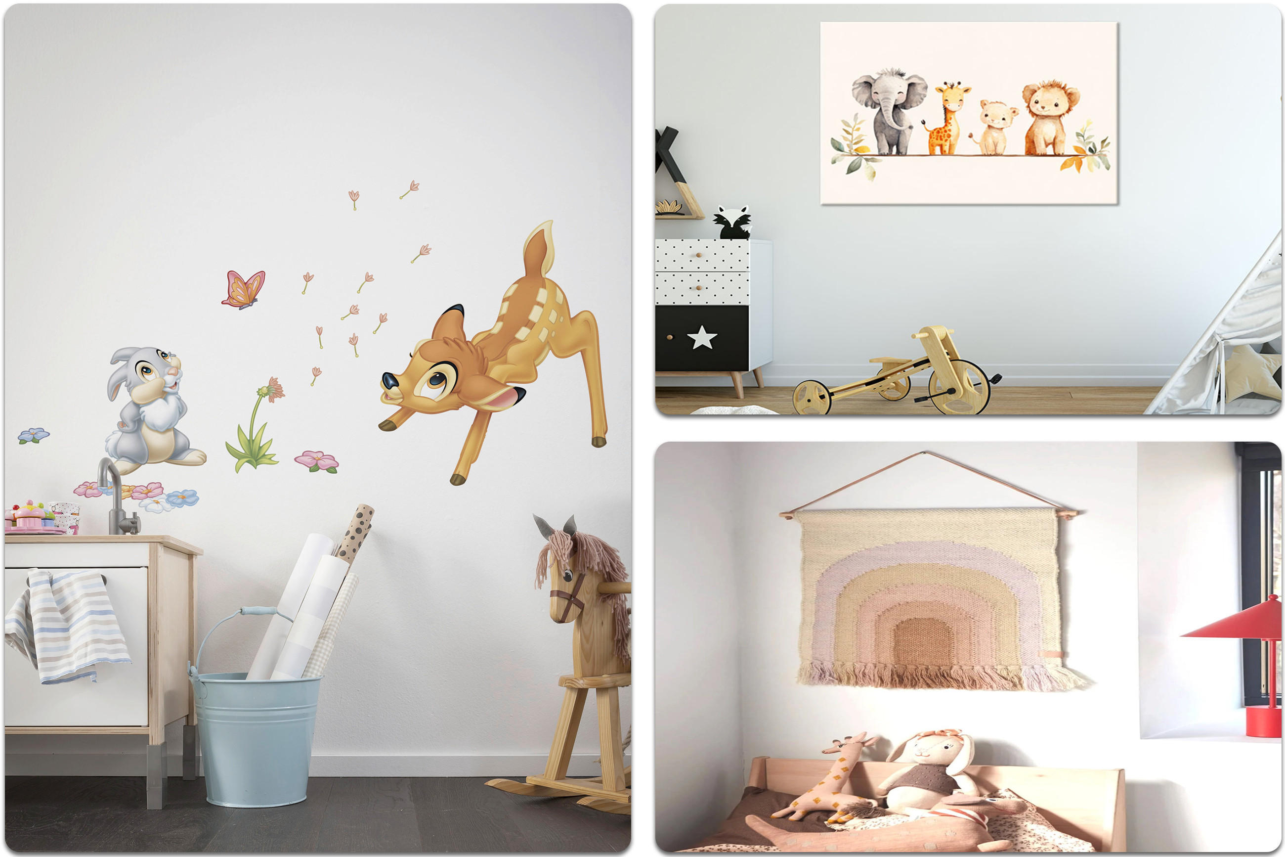 Kinderzimmer mit Wandgestaltung aus Tiermotiven: links Wandsticker mit Rehkitz, Hase, Schmetterling und Blumen, rechts oben Leinwand mit Elefant, Giraffe, Löwe und Vogel, rechts unten gewebter Wandbehang in Regenbogenform über Bett mit Kuscheltieren.