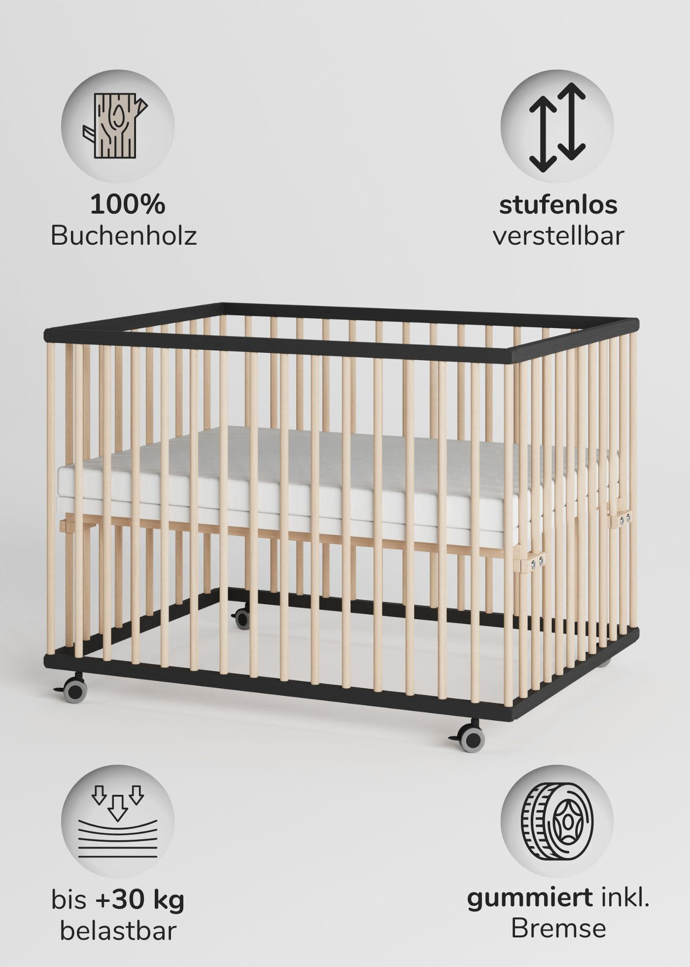 LAUFGITTER 75x100 cm mit Matratze - schwarz/natur - Premium Kollektion - Schwarz/Naturfarben, Holz (100/74/75cm) - Sämann – make a difference.