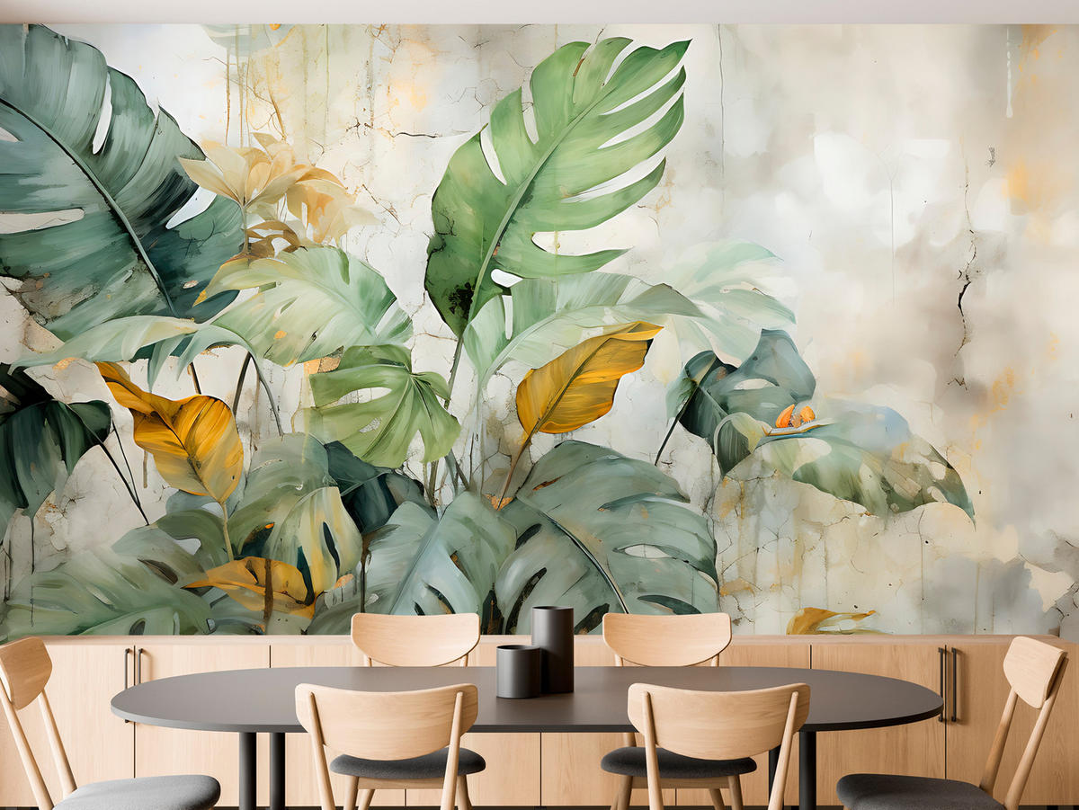 FOTOTAPETE für Esszimmer Pflanzen Tropische Blätter Beton Natur Aquarell 500x350 - Grün, Papier (500/350cm) - Muralo