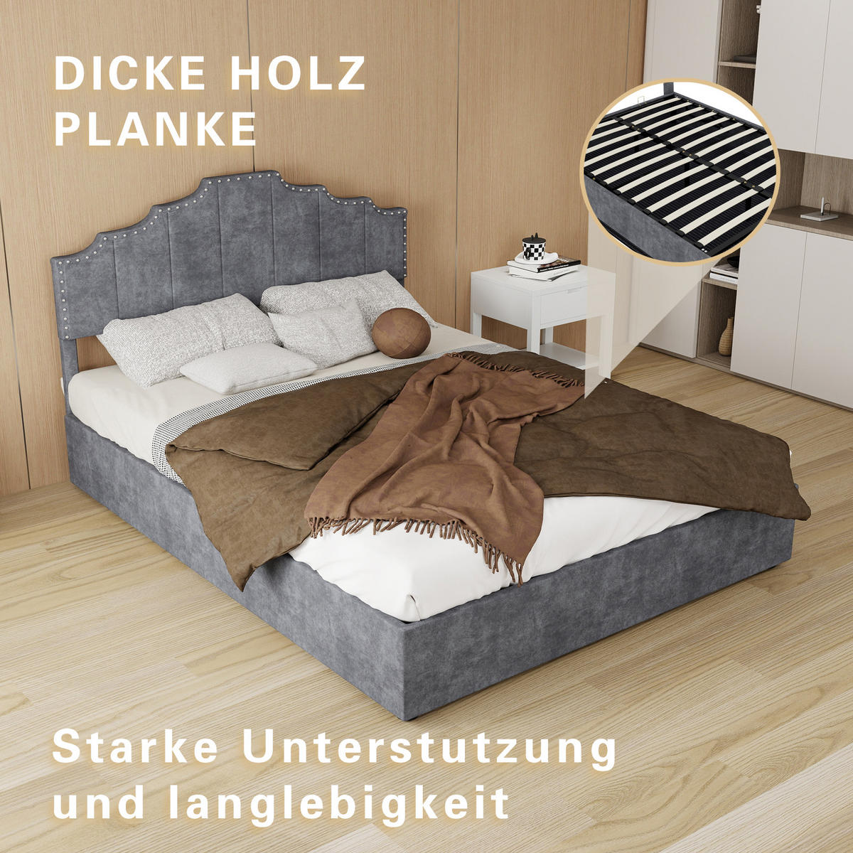 BETTRAHMEN 140/200 cm, Grau, Velours, ohne Kopfteil - Grau, Holz (140/200cm) - SHOPENTRA