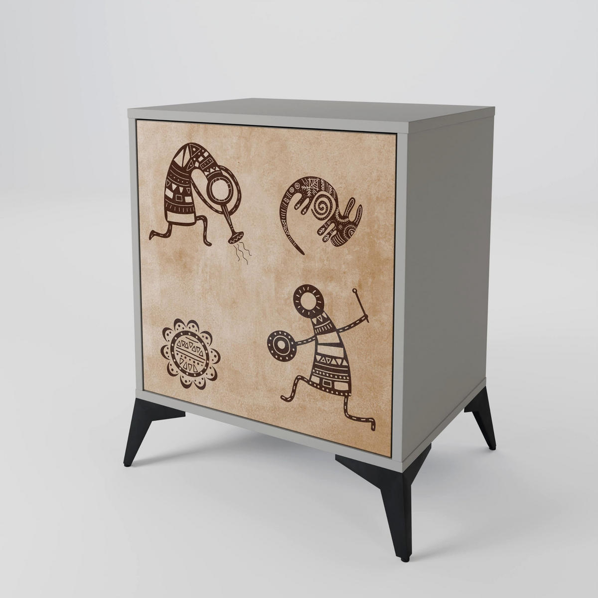 SIDEBOARD AFRICAN STYLE, Grau, 57,5x42x72,5 cm, Schwarze Metallfüße - Multicolor/Schwarz, Holzwerkstoff/Metall (57.5/72.5/42cm) - SpaceRebels