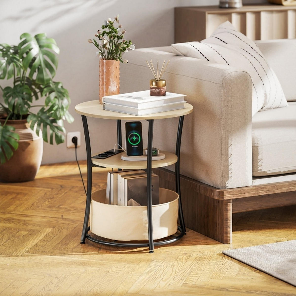 BEISTELLTISCH aus Holz und Metall 50x50x55,1 cm Naturholz mit Steckdosenleiste, USB, USB-C und 3 Ebenen - Naturfarben, Holz (50/50/55.1cm) - Modfu