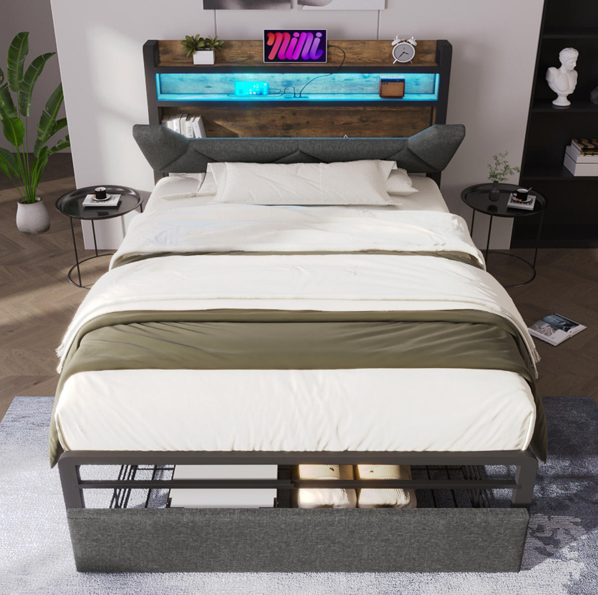 POLSTERBETT 90/200 cm mit LED-Beleuchtung, USB-C-Ladestation, Stauraum-Kopfteil und Schublade, Grau - Grau, Textil (90/200cm) - Redom