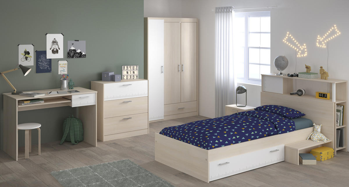 JUGENDZIMMER Set 6-tlg Kleiderschrank Schreibtisch Bett 90x200 - Silberfarben/Weiß, Holz/Holzwerkstoff (90/179/200cm) - Parisot Meuble