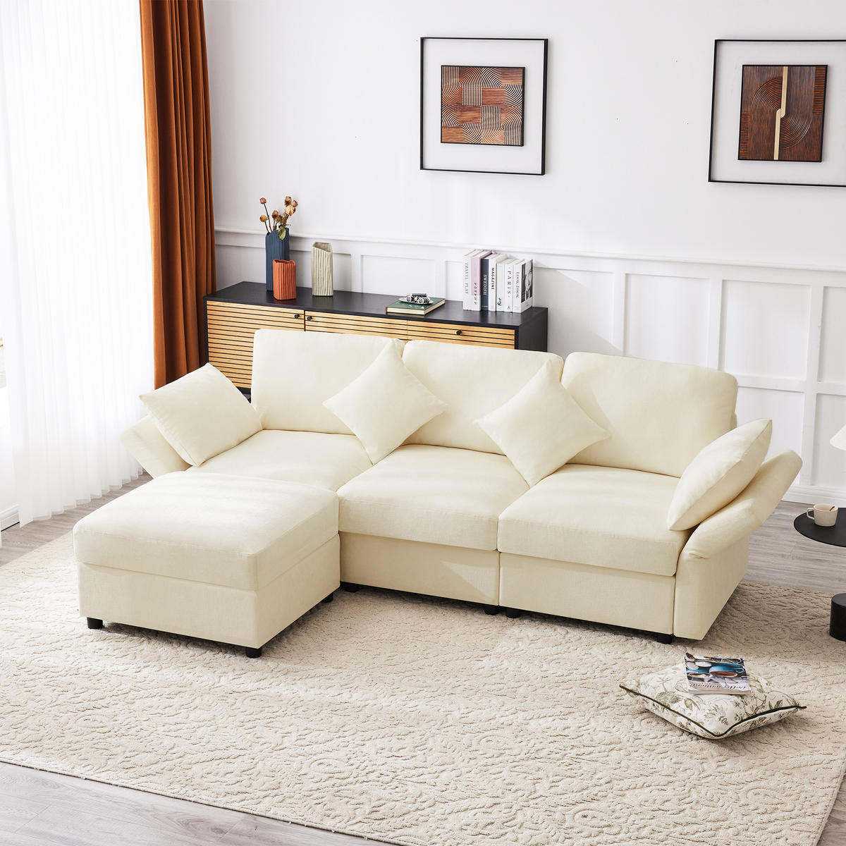 ECKSOFA 218/156.5/86 cm Beige mit Hocker und verstellbaren Armlehnen - Beige, Textil (218/156.5cm) - Oxeza
