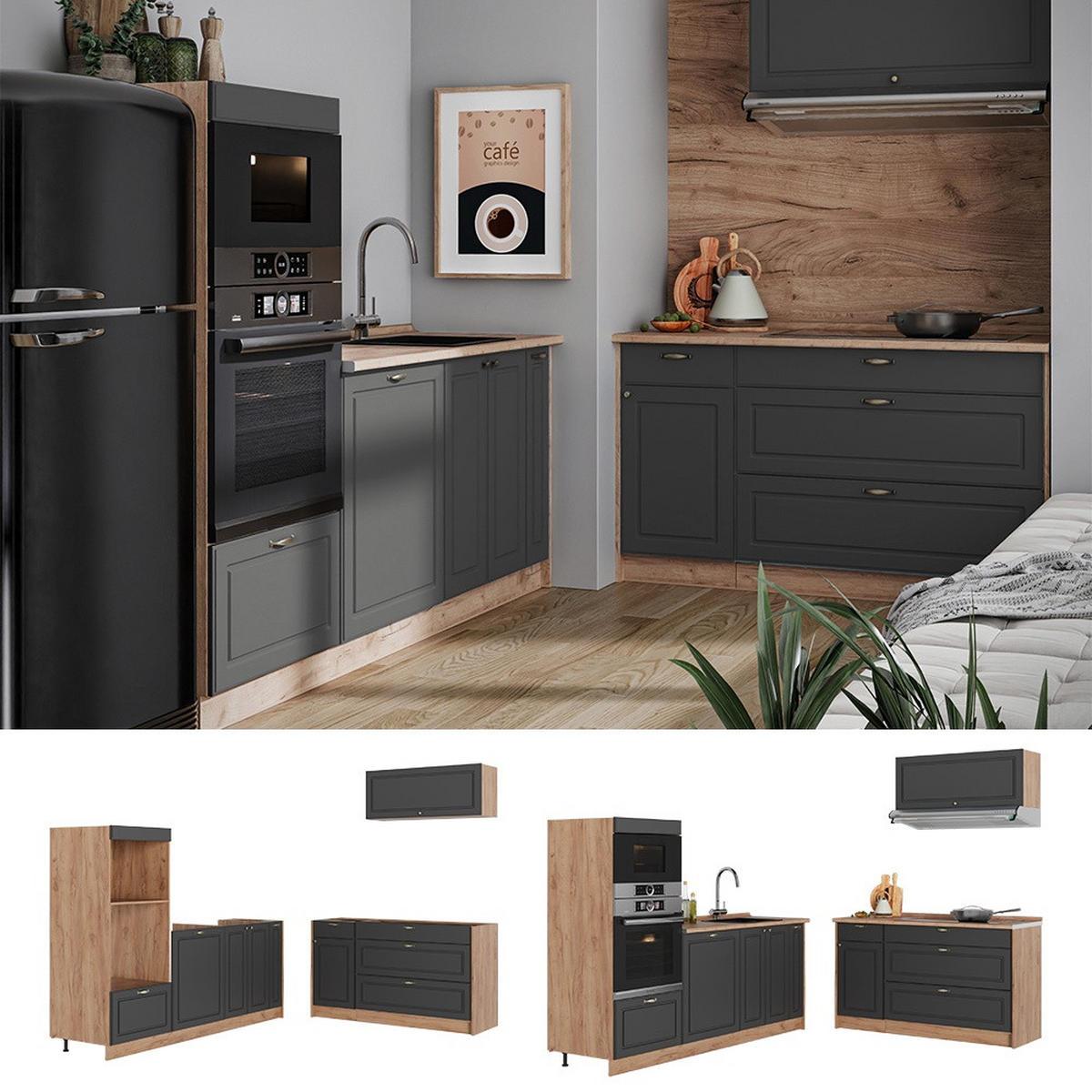KÜCHENZEILE Fame-Line, Anthrazit-Gold Landhaus/Goldkraft Eiche, 340 cm, AP Marmor - Honigeiche/Anthrazit, Holzwerkstoff (340/153.6/60cm) - Vicco