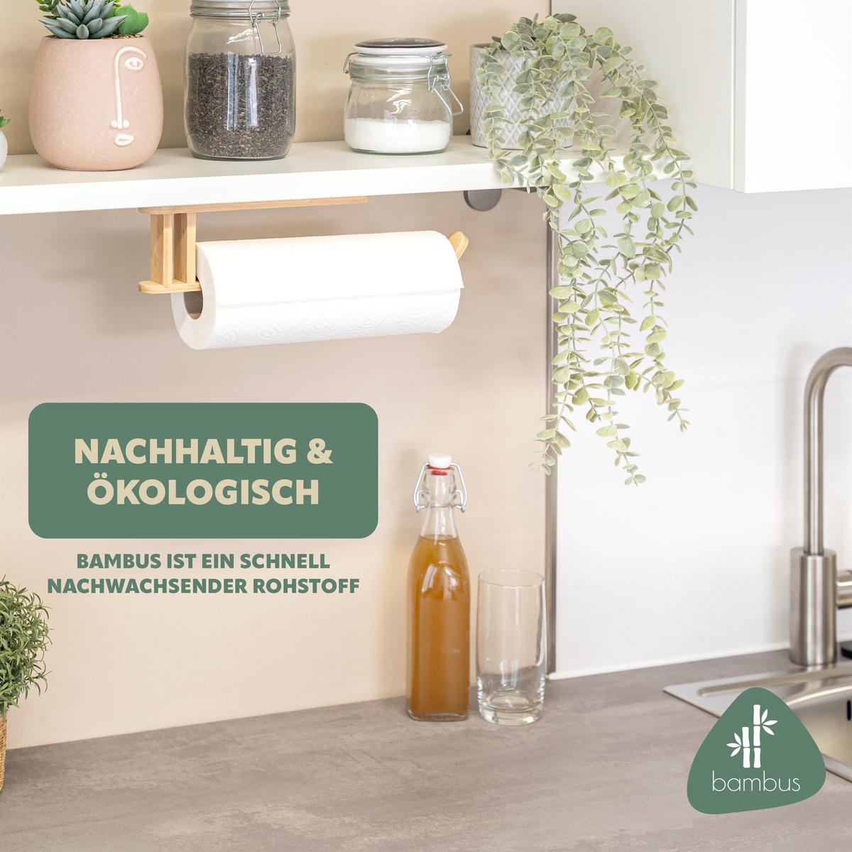 WAND-KÜCHENROLLENHALTER, Bambus - Braun, Holz (34.5/3/8cm) - eluno