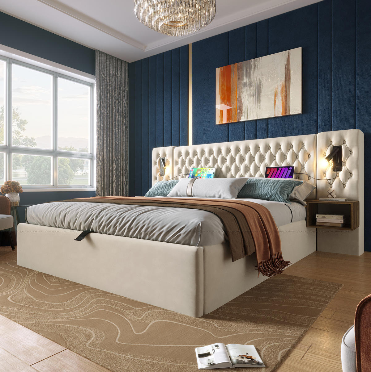 POLSTERBETT 160/200 cm Beige mit Stauraum, Nachttischen und USB-Ladefunktion - Beige, Textil (160/200cm) - Flora Grace