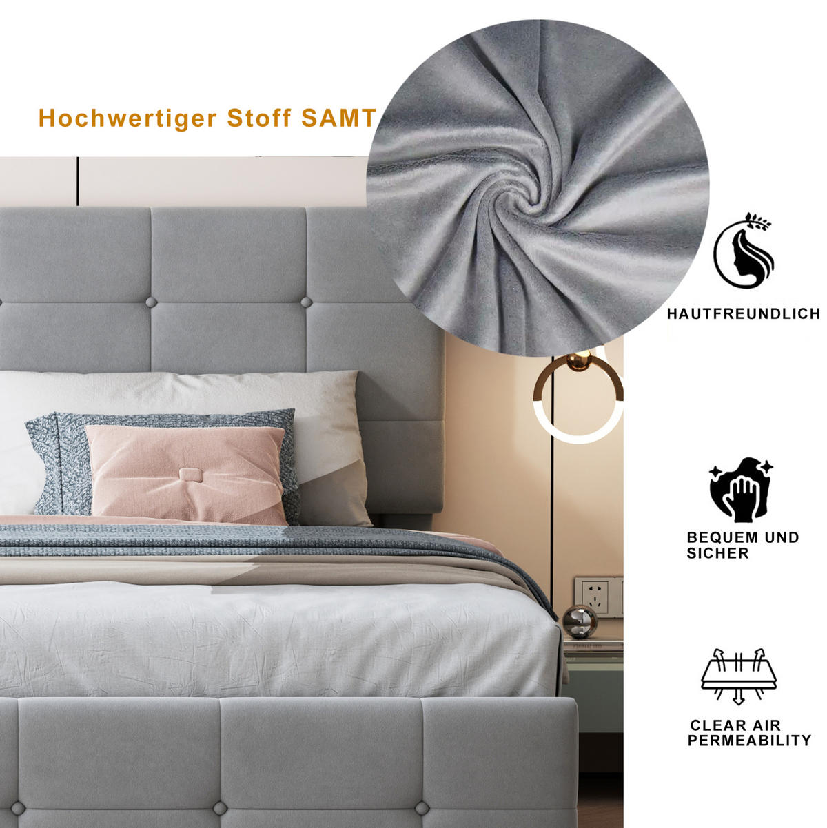 POLSTERBETT 180/200 cm Grau aus Samt mit hydraulischem Stauraum - Grau, Textil (180/200cm) - OKMYHOME