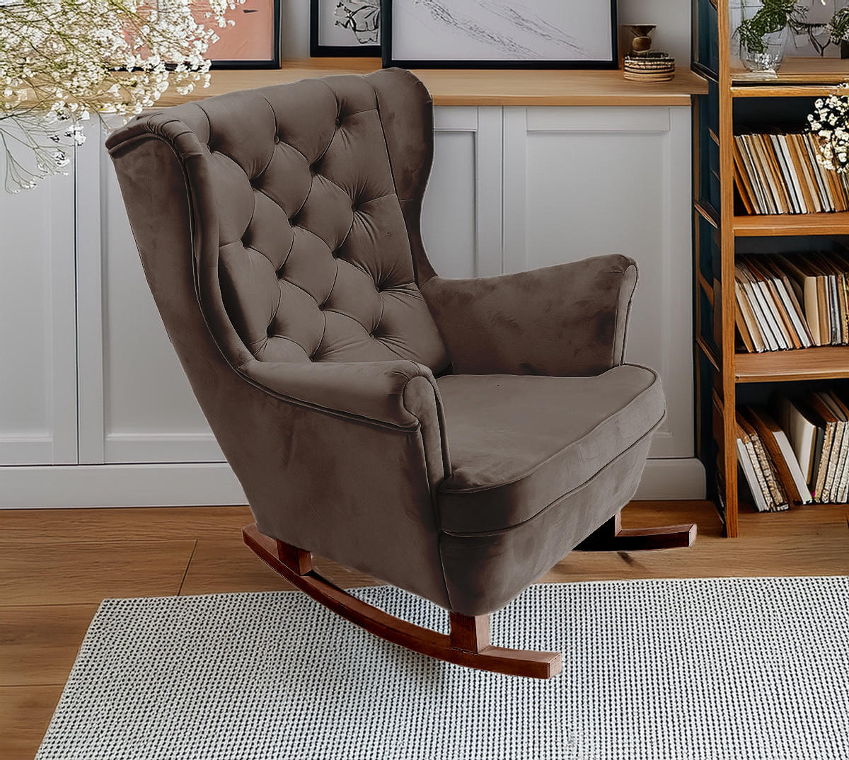 SCHAUKELSESSEL mit gepolstertem Sitz und Armlehnen, 102x81x95 cm, Braun_29844 - Graphitfarben/Braun, Holz/Textil (81/102/95cm) - DomoHome