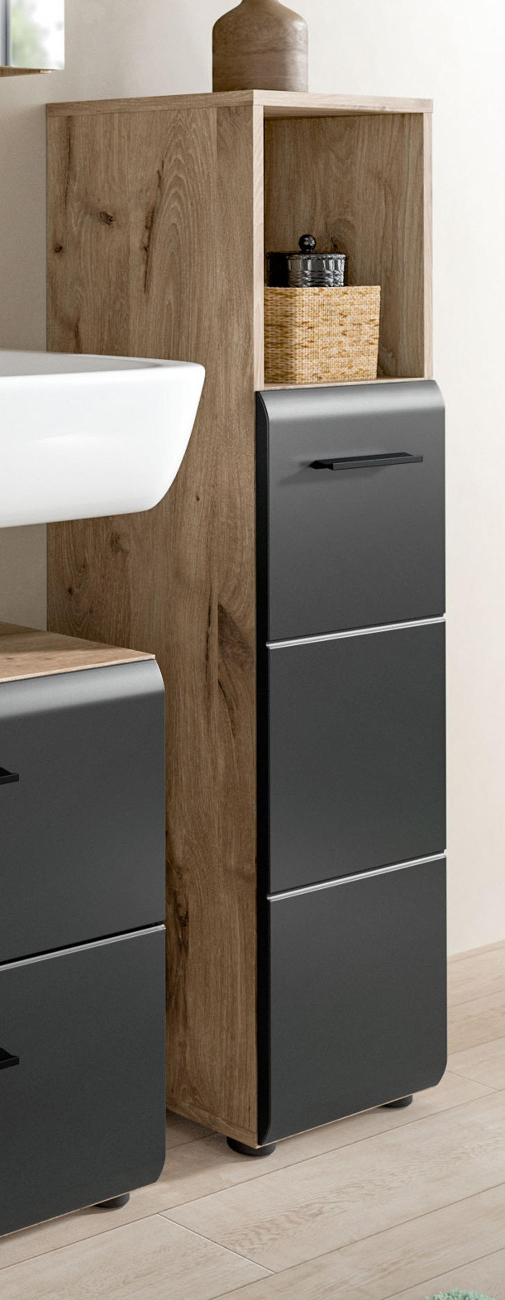 MIDISCHRANK schwarz matt, Nox Eiche, Bad Unterschrank 30 cm - Eichefarben/Schwarz, Holzwerkstoff/Kunststoff (30/110/30cm) - Inn.Furn