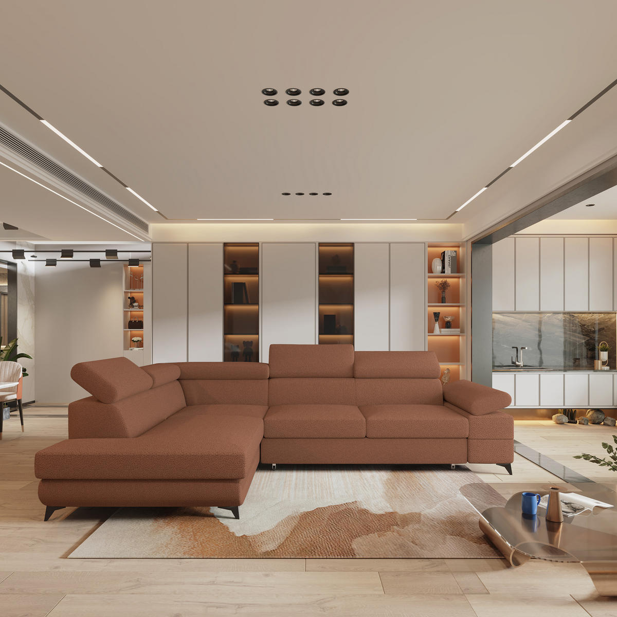 ECKSOFA FAVIEN L-S Kupferfarben Boucle-Stoff mit Schlaffunktion - Kupferfarben, Holz (257/190cm) - MASSENO