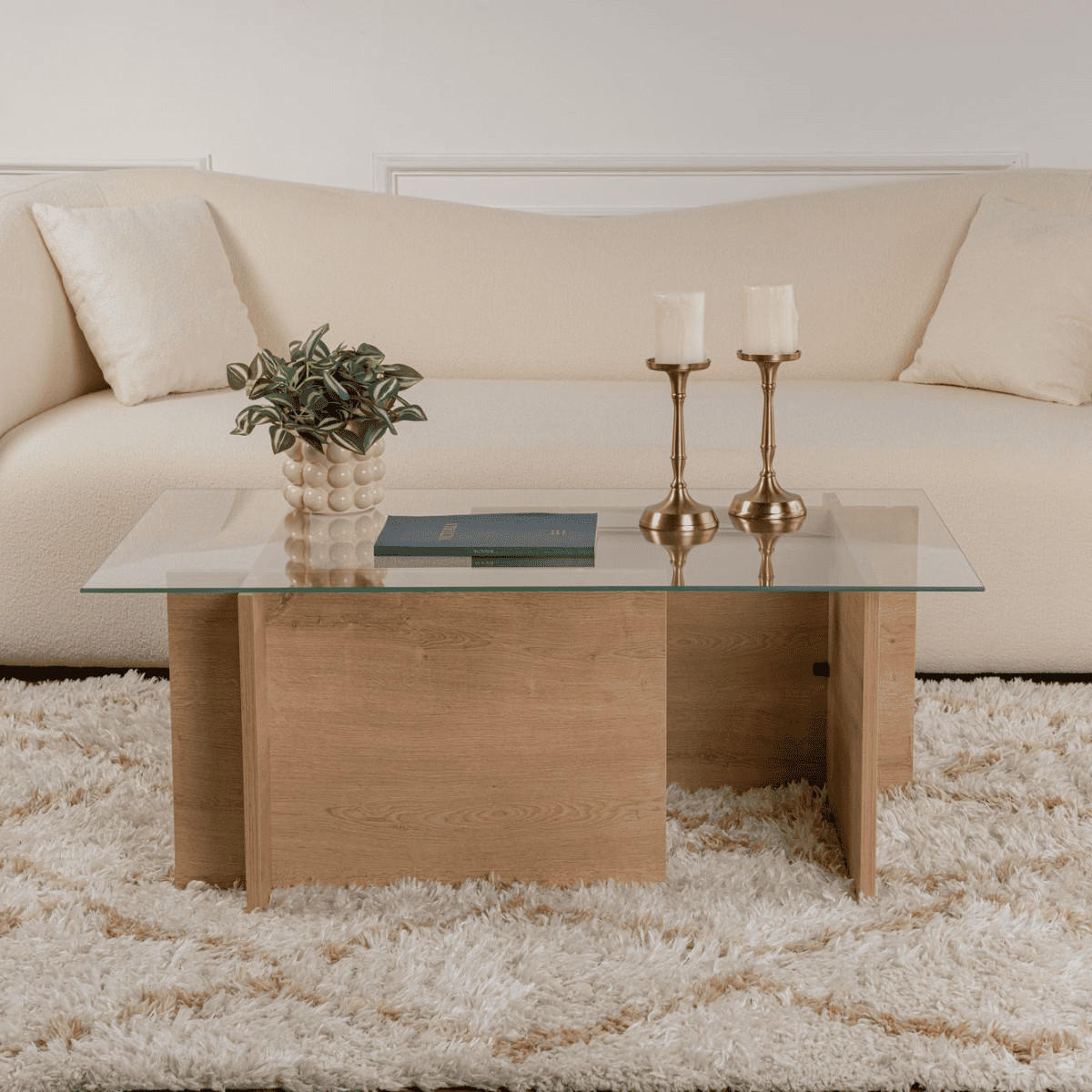 COUCHTISCH mit glasplatte noah 105/65/40 cm - Eichefarben, Holzwerkstoff (105/65/40cm) - Calicosy