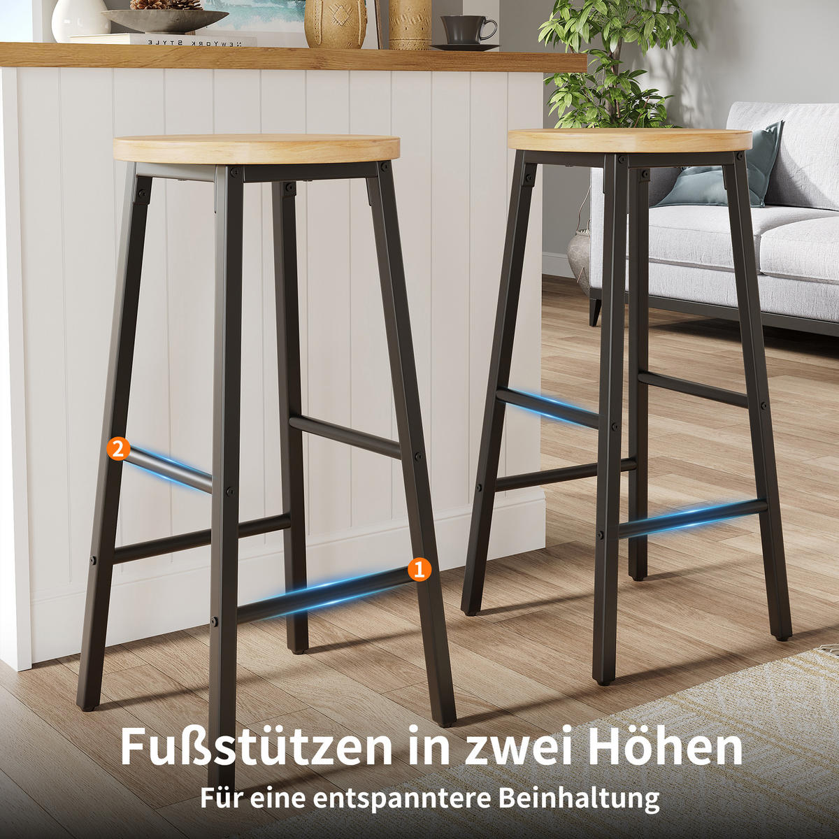 BARHOCKER 2er Set 63cm Holzoptik Sitz Schwarz Metall - Schwarz, Metall (30/63/30cm) - FLIEKS