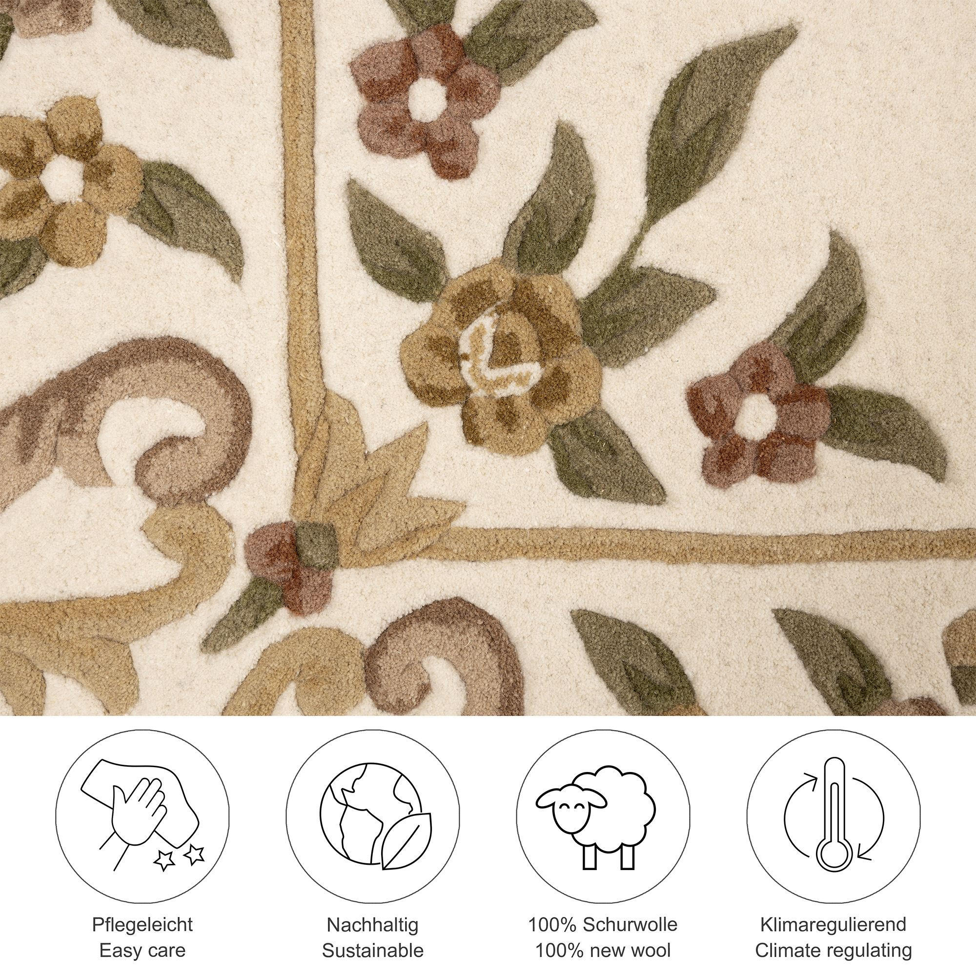 Thumbnail - Theko Handtuftteppich, Beige, Textil, Floral, Rechteckig, 90x160 cm, Care & Fair, für Fußbodenheizung geeignet, Teppiche...