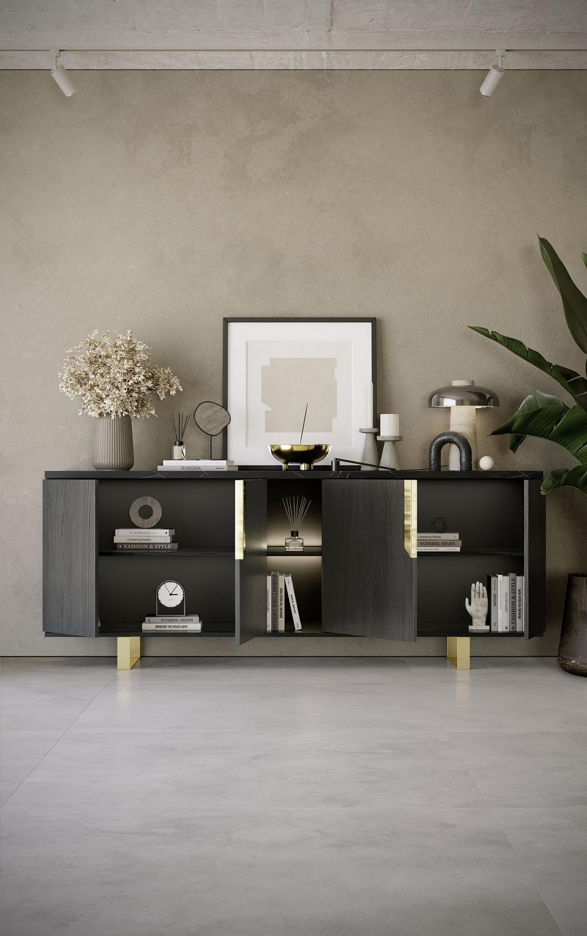 SIDEBOARD ORION 165/205 cm in Rosenholzoptik mit Marmoroptik - Goldfarben/Schwarz, Holzwerkstoff/Metall (205/83/49cm) - Interdesign24
