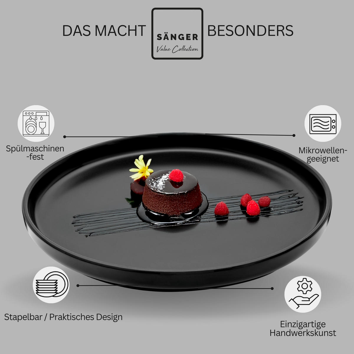DESSERTTELLER SET MADEIRA - 6 teilig aus Steingut - Schwarz, Keramik (20cm) - Sänger