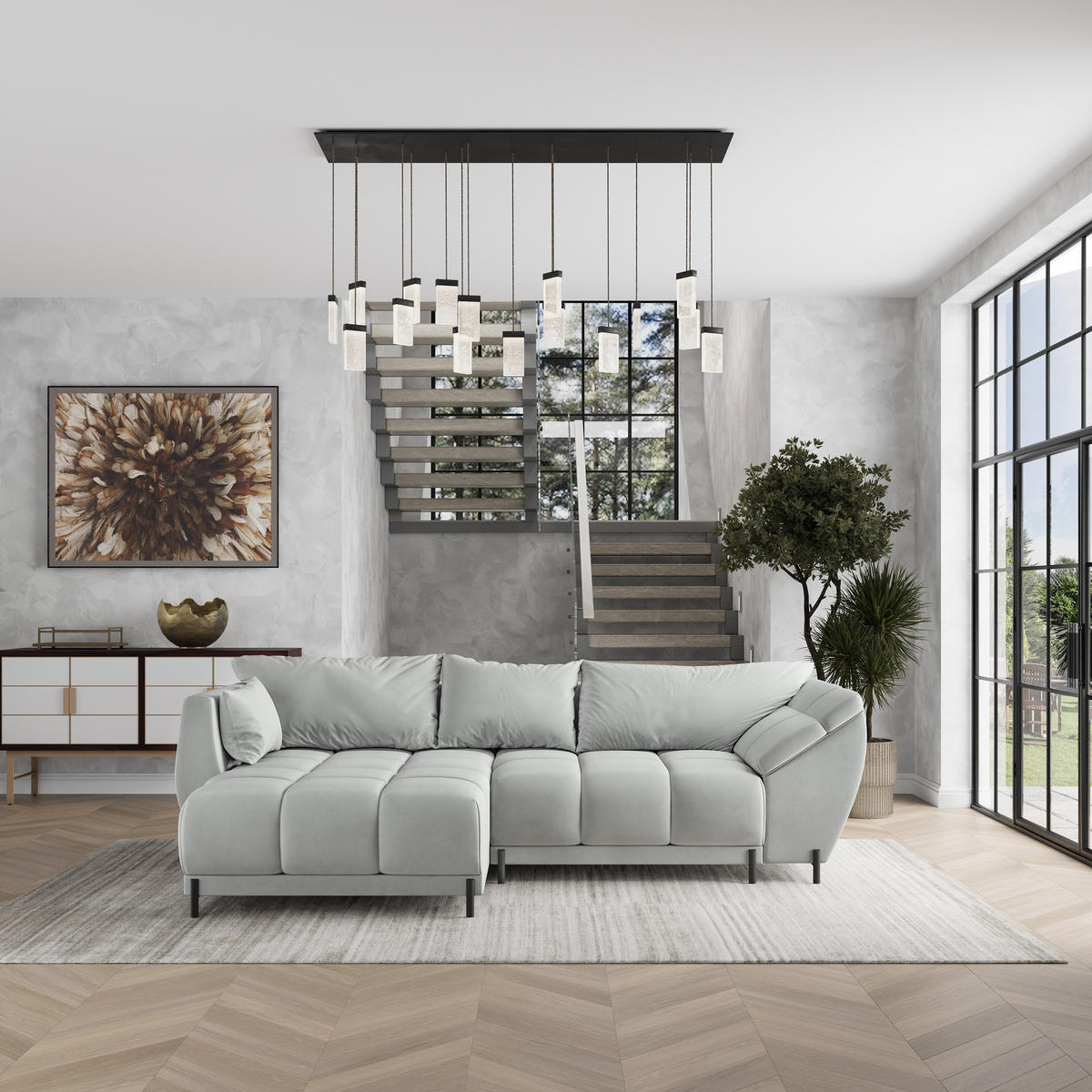 ECKSOFA VESTANO L-S Hellgrau Velours-Stoff mit Schlaffunktion - Hellgrau, Holz (287/182cm) - MASSENO