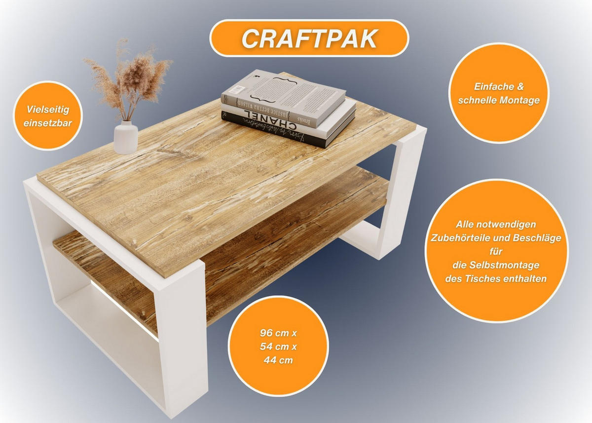 COUCHTISCH Holzwerkstoff rechteckig stabil Kiefer Milford 42/54/96cm - Kiefer Milford/Weiß, Holzwerkstoff (53.8/96/42cm) - CraftPAK