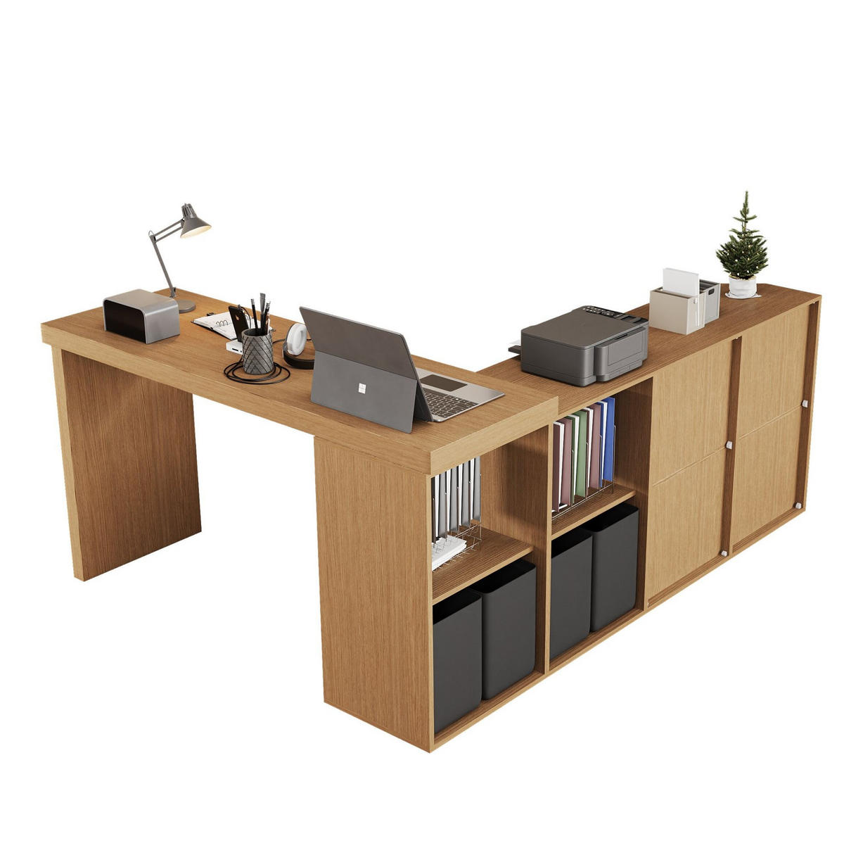 ANRICHTE 120/48/78 cm in Schwarz/Eiche mit 360° Drehfunktion und 8 Fächern - Eichefarben, Holzwerkstoff (140/74/35cm) - Flora Grace