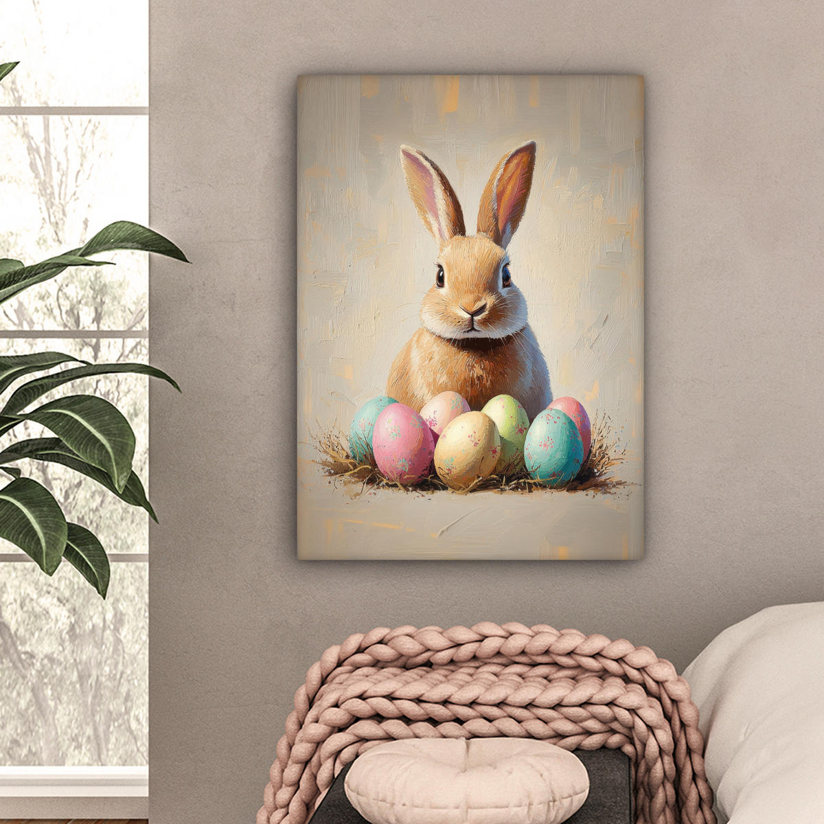 LEINWANDBILD Osterhase - Pastell - Eier Wandbild Wohnzimmer 60x80 cm - Beige, Textil (60/80cm) - MuchoWow