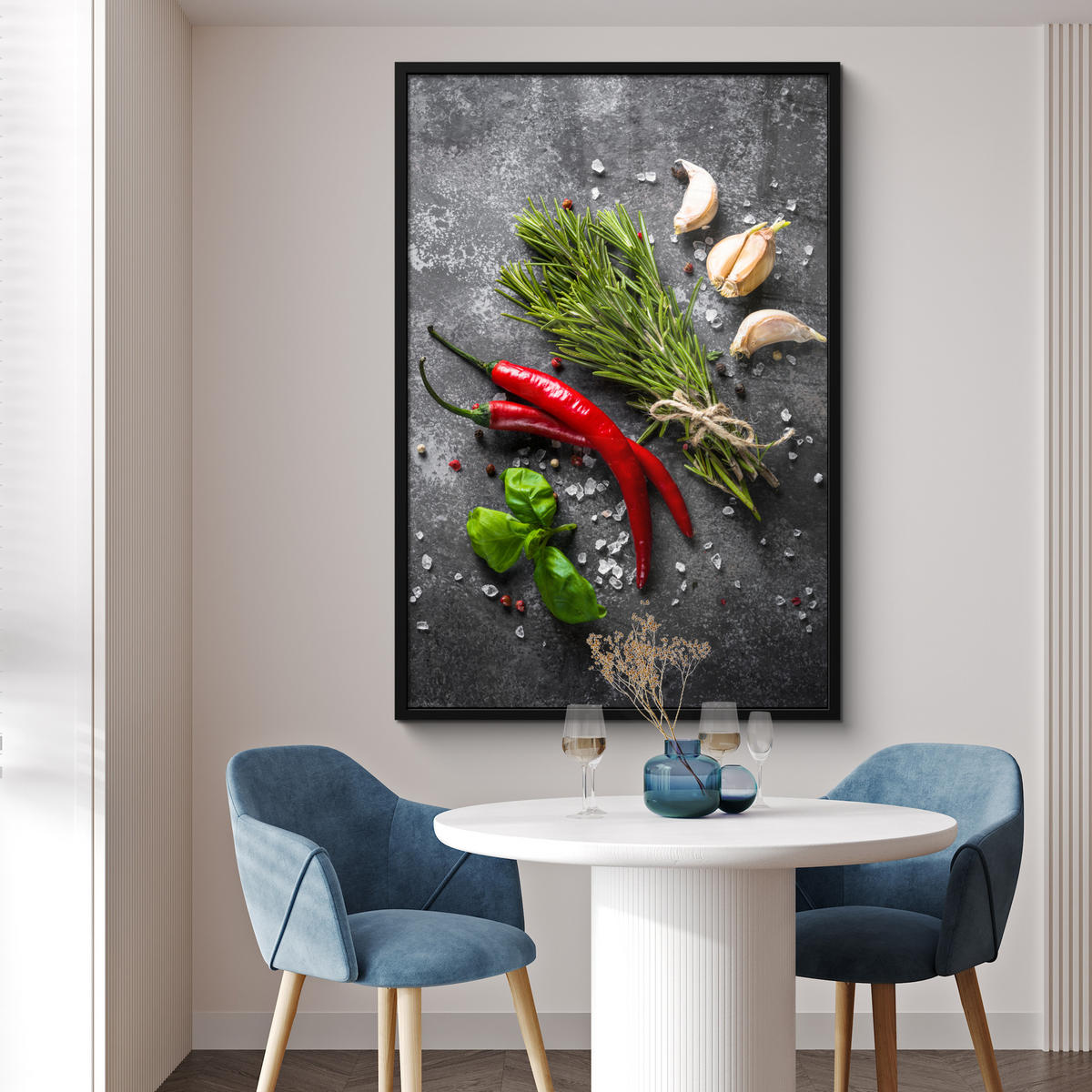 GERAHMTES BILD Pfeffer - Kräuter - Gewürze - Beton 80x120 cm - Dunkelgrau, Papier (80/120cm) - MuchoWow