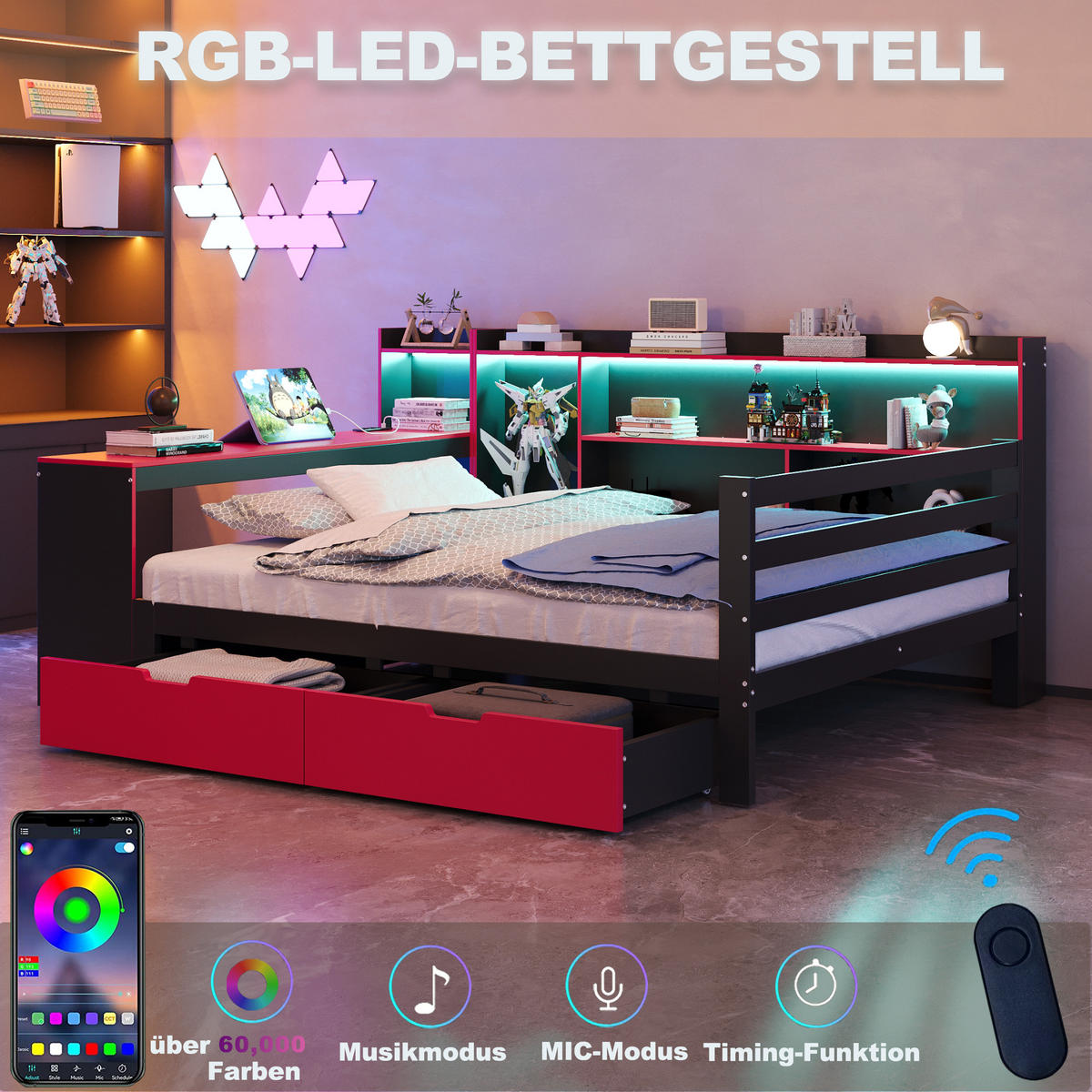 SCHLAFSOFA 140/200 cm in Schwarz & Rot mit 2 Schubladen, LED und USB - Rot/Schwarz, Holz/Holzwerkstoff (140/200cm) - WISHDOR