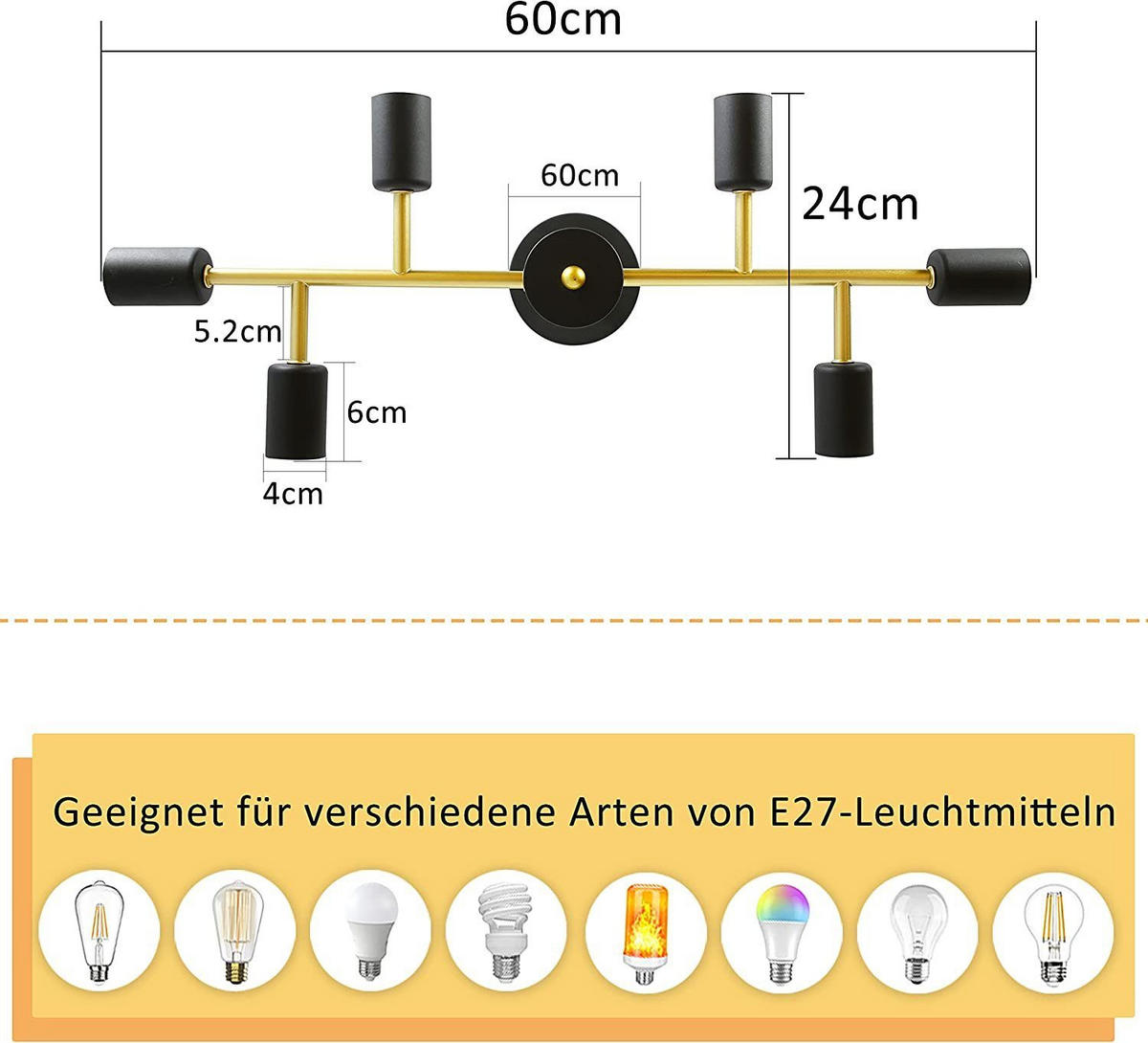 DECKENLEUCHTE Cara 6-flammig 60/24/30 cm - Schwarz, Metall (60/24/30cm) - Nettlife