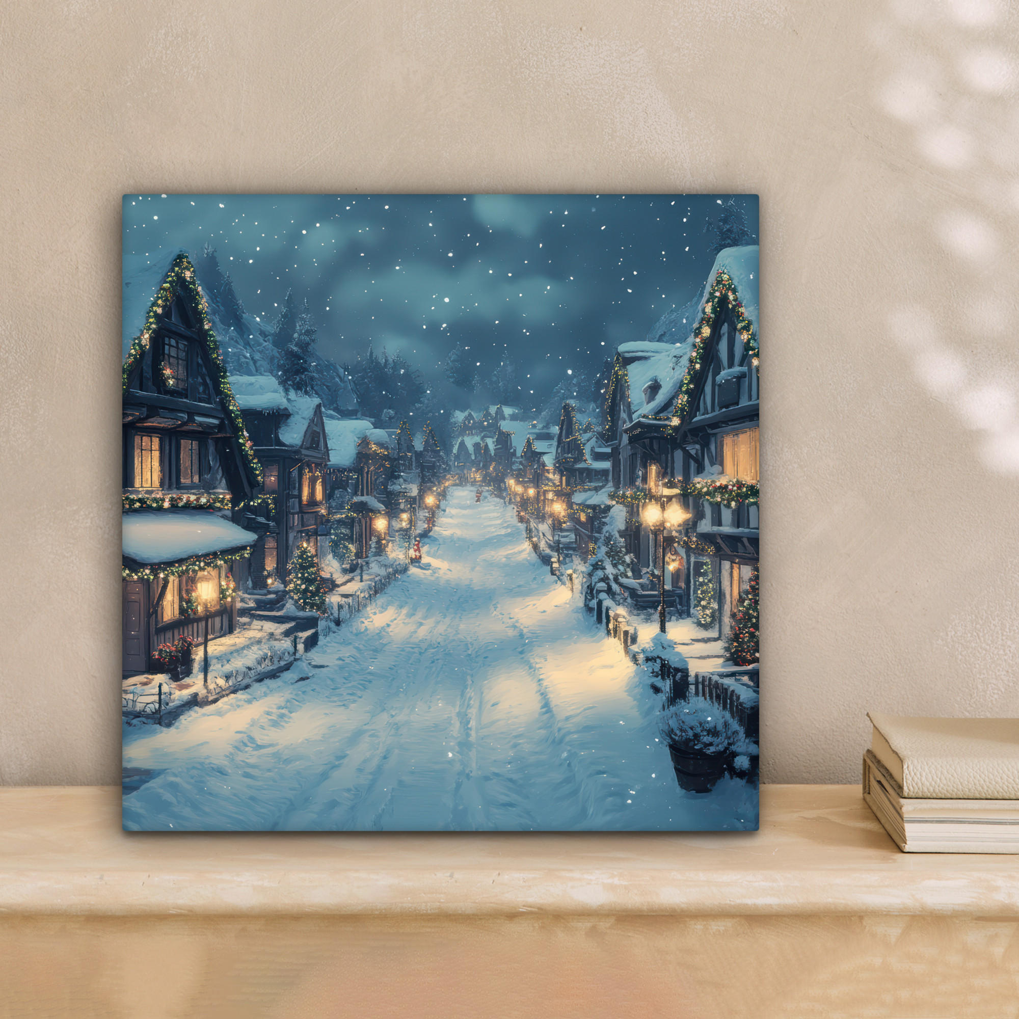 LEINWANDBILD Weihnachtsdorf - Weihnachten - Schnee - Winter 20x20 cm - Dunkelblau, Textil (20/20cm) - MuchoWow