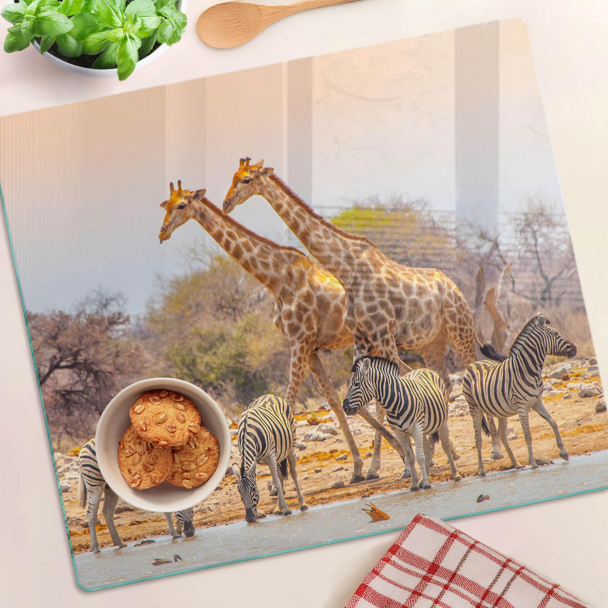 GLASPLATTE 60x52 cm Giraffen und Zebras - Grün, Glas (60/0.4/52cm) - TULUP