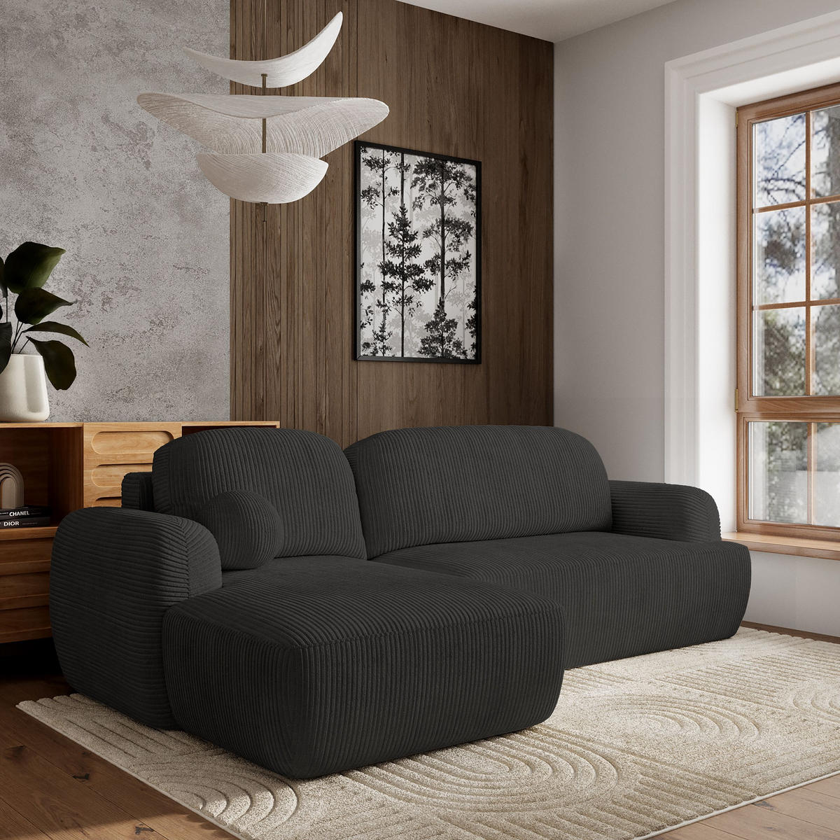 ECKSOFA MODENZA P L-S Schwarz Kordstoff mit Schlaffunktion - Schwarz, Holz (266/148cm) - MASSENO