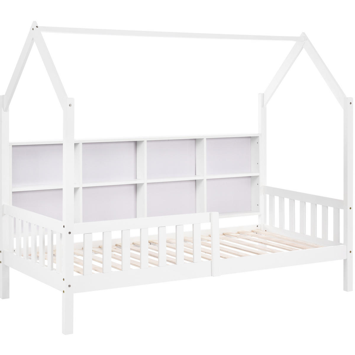 HAUSBETT 90/200 cm Weiß aus Kiefer mit Regal, 2 Schubladen und Rausfallschutz - Weiß, Holz (90/200cm) - Flora Grace