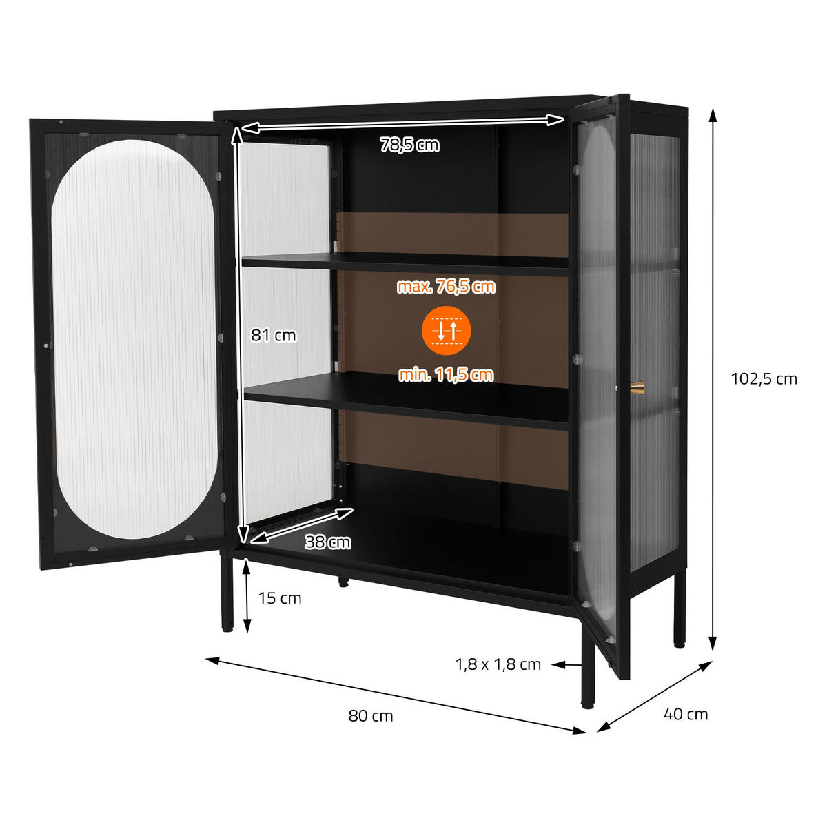 VITRINENSCHRANK Schwarz 102/80/40 cm - Schwarz, Metall (80/102.5/40cm) - ML-DESIGN